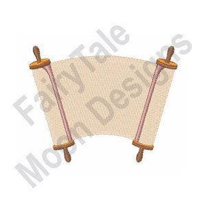 May include: A beige scroll with brown wooden dowels at each end. The scroll is rolled up and tied with a red ribbon.
