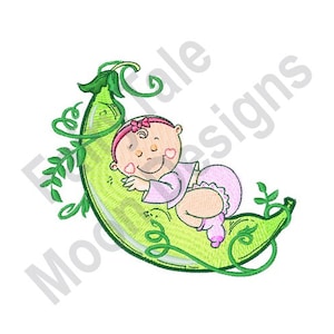 Pea Pod Baby Girl - Machine Embroidery Design, Sweet Pea In Pod Newborn Baby Girl Embroidery Pattern, Sleeping Baby Girl Embroidery Design
