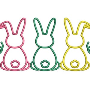 May include: An embroidered design featuring three outline bunnies in pink, green, and yellow. Each bunny has a flower-shaped tail and is accompanied by a green swirl. The text "4 Sizes" is in the bottom right corner.
