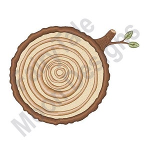May include: A close-up of a tree trunk cross-section with visible growth rings. The trunk is brown and the rings are a lighter brown. A small branch with two green leaves extends from the side of the trunk.