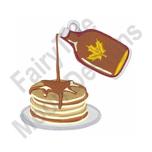 Pfannkuchen & Sirup - Maschinenstickerei, Pfannkuchen Frühstück, Ahornsirup Flasche Stickmuster, süßes Pfannkuchen Design