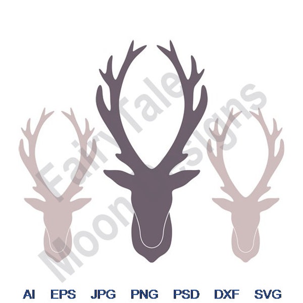 Reindeer Heads - Svg, Dxf, Eps, Png, Jpg, Vector Art, Clipart, Cut File, Deer Head Trophy Svg, Buck Head, Stag Antlers Svg, Hunting Trophy