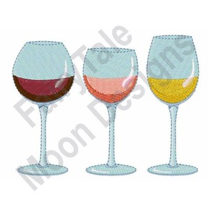 May include: Three wine glasses filled with different colored wine. The glass on the left is filled with red wine, the middle glass is filled with rose wine, and the glass on the right is filled with white wine.