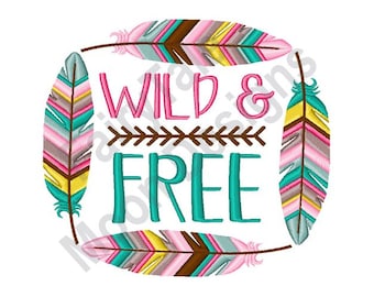 Wild & Free - Machine Embroidery Design, Ombre Feathers Square Embroidery Pattern, Bohemian Colored Feathers Embroidery, Boho Feather Design