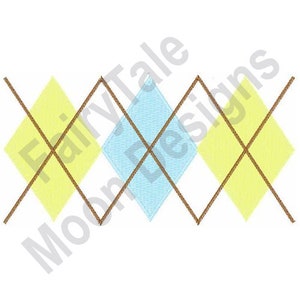 May include: A pattern of three diamond shapes, two yellow and one light blue, with brown lines forming an X pattern within each diamond.