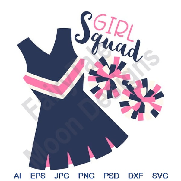 Girl Squad - Svg, Dxf, Eps, Png, Jpg, art vectoriel, clipart, fichier de coupe, costume de pom-pom girl Svg, uniforme de pom-pom girl Svg, pompon Svg