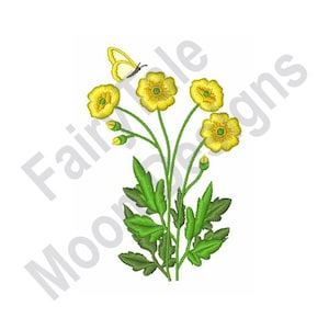 Buttercups & Butterfly - Machine Embroidery Design, Buttercup Flowers Embroidery Pattern, Spring Butterfly Embroidery Design