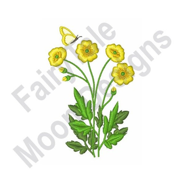 Buttercups & Butterfly - Machine Embroidery Design, Buttercup Flowers Embroidery Pattern, Spring Butterfly Embroidery Design