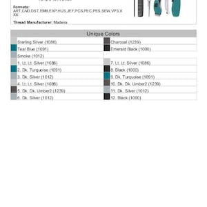 May include: Salon tools embroidery design featuring a teal blue hair dryer, a black hair brush, a pair of silver scissors, and a silver hair clipper. The design includes a color chart with 12 different colors and their corresponding thread numbers.