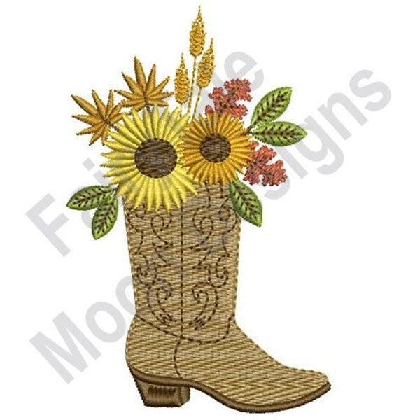 Autumn Cowboy Boot - Machine Embroidery Design, Autumn Flowers Cowboy Boot Pattern, Fall Harvest Leaf Design, Sunflower Boots Embroidery