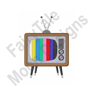 May include: A vintage television set with a brown wooden frame and silver screen. The screen displays a colorful test pattern with vertical bars of red, blue, green, yellow, pink, and white.