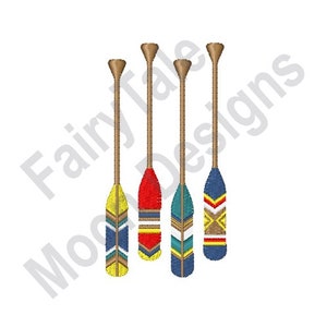 May include: Four wooden paddles with colorful geometric patterns. The paddles are hanging vertically and have a brown wooden handle.