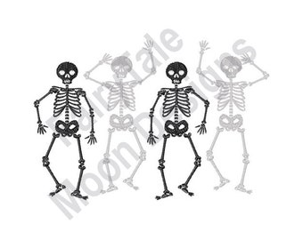 May include: Four black and white skeleton figures dancing. The skeletons are in a line, with the two on the ends facing forward and the two in the middle facing each other. The skeletons are all in a similar pose, with their arms raised and their legs bent.