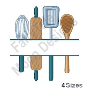 Kitchen Utensils Name Drop - Machine Embroidery Design, Baking Split Design, Baker Whisk, Rolling Pin Pattern, Wooden Spoon Name Drop Design