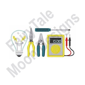 Electrician Tools - Machine Embroidery Design, Plier, Screwdriver, Multimeter, Digital Clamp Meter, Light Bulb, Wire Cutter Stripper Pattern