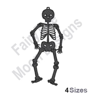 May include: Black and white skeleton illustration with a simple design. The skeleton is standing with its arms at its sides and its legs slightly bent.