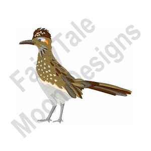 May include: A brown and white roadrunner with a long tail and a crest on its head. The bird is standing on a white background.
