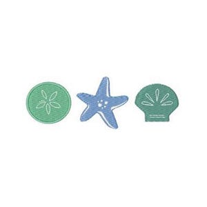 May include: Embroidered designs of a sand dollar, starfish, and seashell. The sand dollar is a green circle with a white floral design. The starfish is blue with white accents. The seashell is green with a white fan design.
