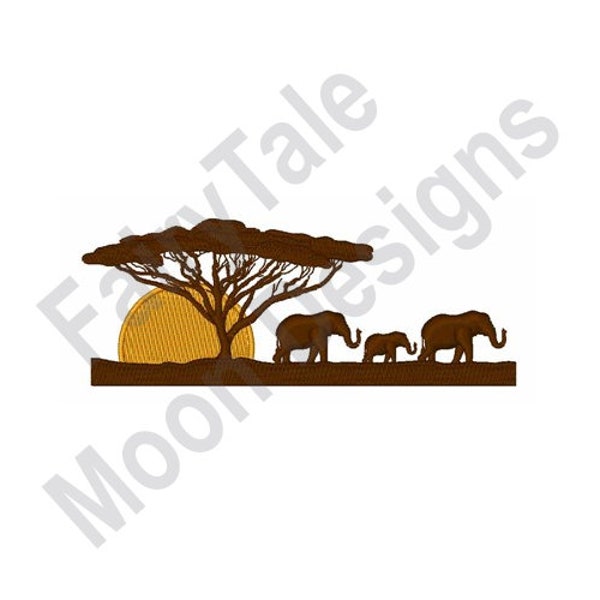 African Elephants - Machine Embroidery Design, Elephant Family Embroidery Design, Savannah Sunset Wildlife, Acacia Tree, Baby Elephant