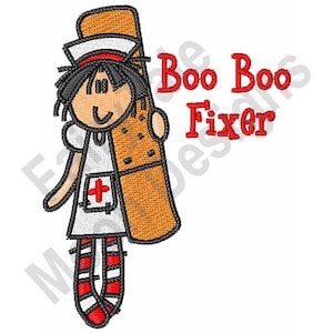 May include: A cartoon illustration of a nurse with a red cross on her uniform holding a large bandage. The text "Boo Boo Fixer" is written in red letters.