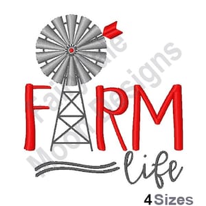 Puede incluir: Diseño de bordado rojo y gris de un molino de viento con el texto "FARM life" y las palabras "4 Sizes" debajo.