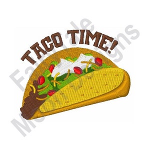 May include: A yellow taco with brown meat, lettuce, cheese, and red tomatoes. The text "Taco Time!" is above the taco.