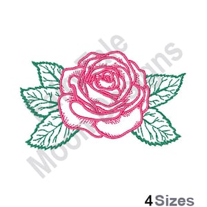 May include: A pink rose with green leaves. The rose is drawn in a simple, stylized way.