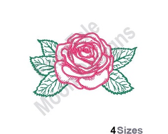 Rose Outline - Maschinenstickerei, Rote Rose Umriss Stickdatei, Valentinstag Rose Stickmuster, Blumen-Blatt-Design