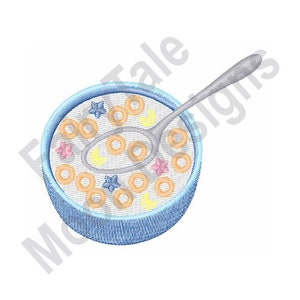 May include: A blue bowl filled with cereal, milk, and colorful star and moon shapes. A silver spoon rests on top of the cereal.