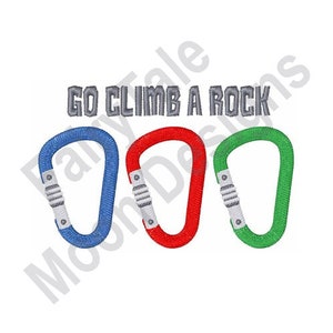 Może przedstawiać: Wzór do haftu "Go Climb A Rock" z trzema kolorowymi karabińczykami w kolorze niebieskim, czerwonym i zielonym.