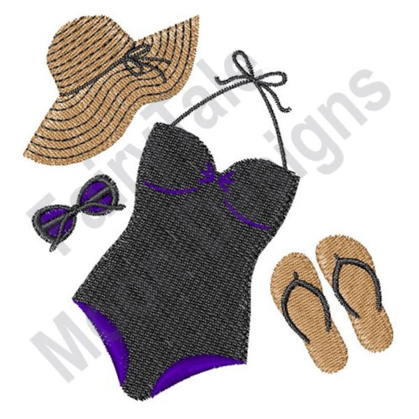 Beach Clothes - Machine Embroidery Design, Summer Beach Accessories Embroidery Design, Swimsuit, Flip Flops, Sunglasses, Sun Hat Embroidery