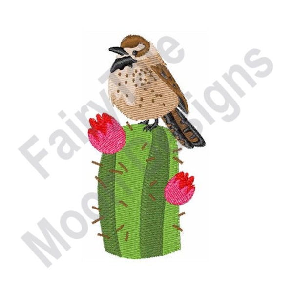 Cactus Wren - Machine Embroidery Design, Wren Embroidery Pattern, Blooming Cactus Embroidery Design, Cactus Bird Embroidery