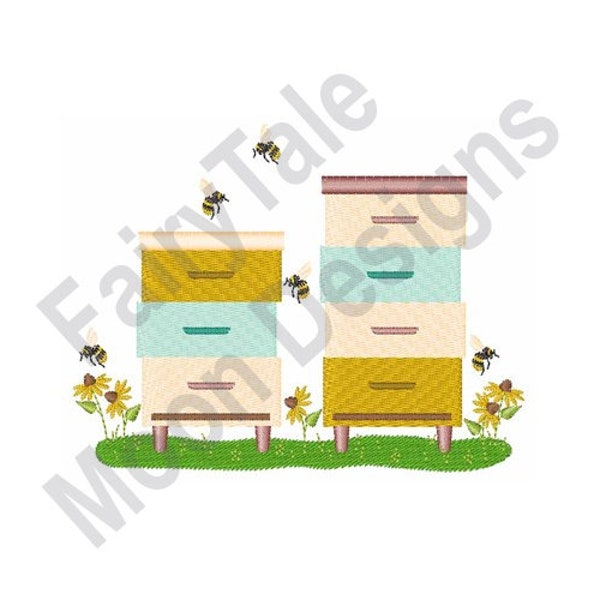 Beekeeper Boxes - Machine Embroidery Design, Beehive Boxes Embroidery Pattern, Honey Bees Embroidery Design, Apiary Design, Beehive Design
