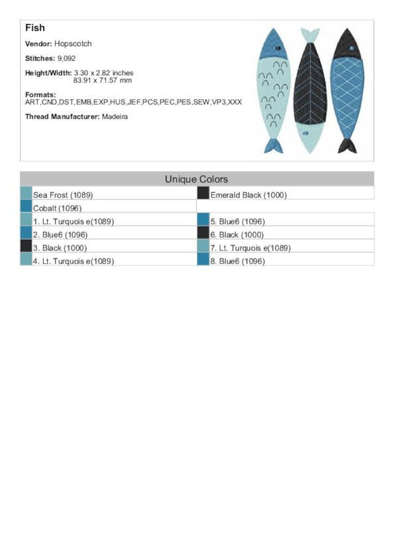 May include: Three embroidered fish designs in shades of blue and black. The fish are outlined in black and have a repeating pattern of small white circles. The design is titled "Fish" and lists the thread manufacturer as Madeira.