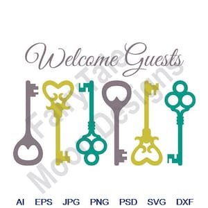Willkommen Gäste - SVG, Dxf, Eps, Png, Jpg, Vektor Kunst, Clipart, Schnittdatei, Haustürschlüssel, Rustikale Schlüssel Bordüre, Antike Skelettschlüssel, Hauptschlüssel