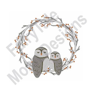 Owl Wreath - Machine Embroidery Design, Winter Owls Embroidery Pattern, Folk Art Wreath Embroidery Design