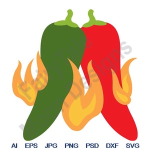 Hot Chili Peppers - Svg, Dxf, Eps, Png, Jpg, Vector Art, Clipart, Cut File, Hot Chili Peppers Svg, Flaming Chili Pepper, Red & Green Peppers