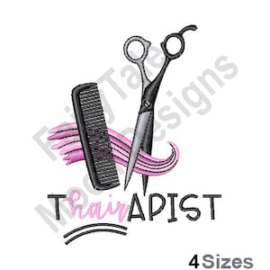 May include: A black comb and silver scissors with pink hair strands, the text "HairAPIST" in black with a wavy line underneath, and the text "4 Sizes" in black.