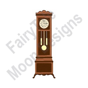 May include: A brown wooden grandfather clock with a white face and black hands. The clock has a pendulum and weights.