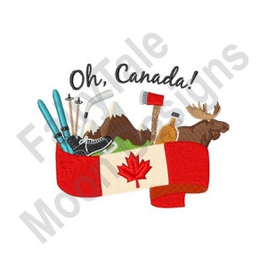 Oh, Canada - Stickdatei, Kanadische Flagge Stickmuster, Ahornsirup, Ski, Berge, Elch, Eishockey, Axt Stickerei