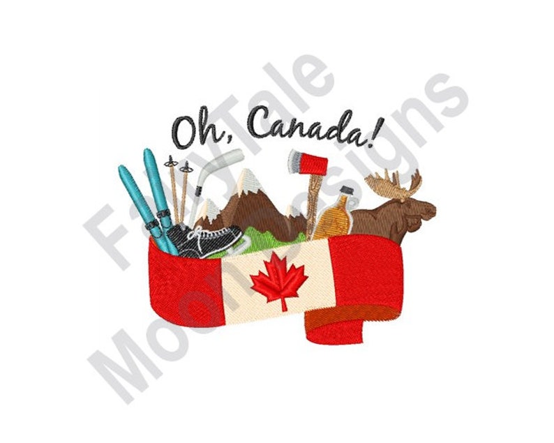 Puede incluir: Una bandera canadiense roja y blanca con una hoja de arce en el centro. La bandera est&aacute; envuelta alrededor de una colecci&oacute;n de iconos canadienses, incluyendo un alce, monta&ntilde;as, un palo de hockey, esqu&iacute;s, una botella de jarabe de arce, un hacha y una taza roja. El texto "Oh, Canada!" est&aacute; escrito sobre la bandera.