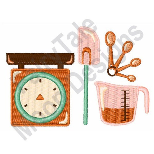 Cooking Tools - Machine Embroidery Design, Baking Tools Embroidery Pattern, Kitchen Scale, Spatula, Measuring Cup, Measuring Spoon Design