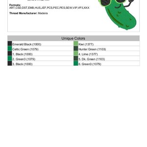 May include: A green pickle wearing sunglasses and a smile, with the text "Cool Pickle" and information about the embroidery design, including the vendor, stitches, size, formats, and thread manufacturer.