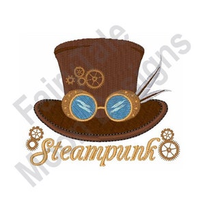 Peut inclure: Un chapeau haut de forme marron avec des engrenages dorés et des lunettes, une plume blanche et le mot "Steampunk" en lettres dorées.