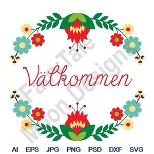 Valkommen-Kranz -Svg, Dxf, Eps, Png, Jpg, Vektorkunst, Clipart, Schnittdatei, Willkommens-Volkskunstkranz, Schwedisches Valkommen-Svg, Blumenkranz-Svg