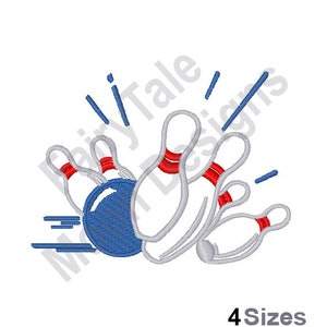 Desenho de bordado à máquina: Strike no boliche, padrão de bordado com contorno de pinos de boliche, desenho de bordado de bola de boliche