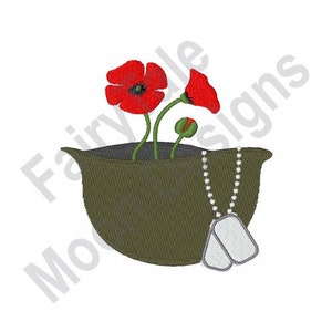 Veteran Memorial - Machine Embroidery Design, Military Soldier Helmet Embroidery Pattern, Dog Tag & Poppy Flower Embroidery Design