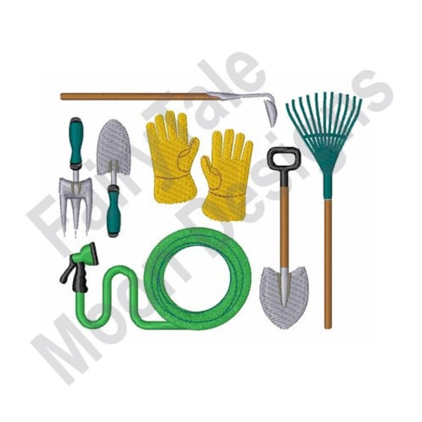 Landscaping Tools - Machine Embroidery Design, Gardening Embroidery Pattern, Shovel, Spade, Rake, Hoe, Water Hose, Gloves Embroidery Design