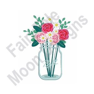 May include: A mason jar filled with a bouquet of pink and white flowers. The flowers are arranged in a vase with green stems. The jar has a blue label that says "Ball".