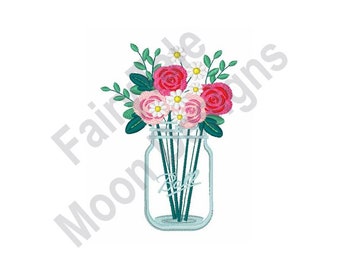 Flower Bouquet in Glass Vase - Machine Embroidery Design, Floral Arrangement Embroidery Pattern, Roses & Daisies Embroidery Design